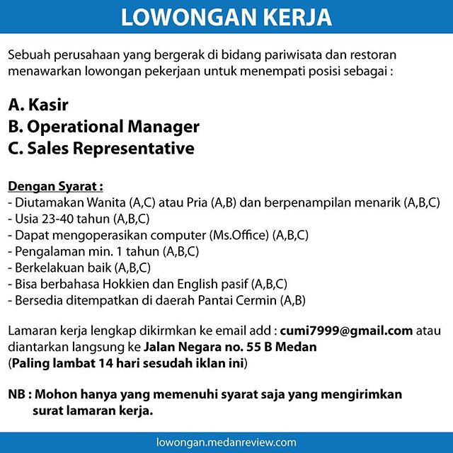 Lowongan Kerja Kasir, Operational Manager dan Sales Representative Bidang Pariwisata dan Restoran