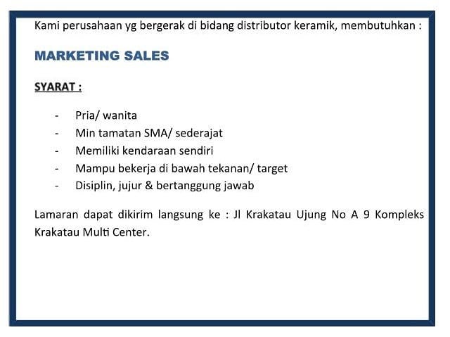 Lowongan Marketing Sales Distributor Keramik
