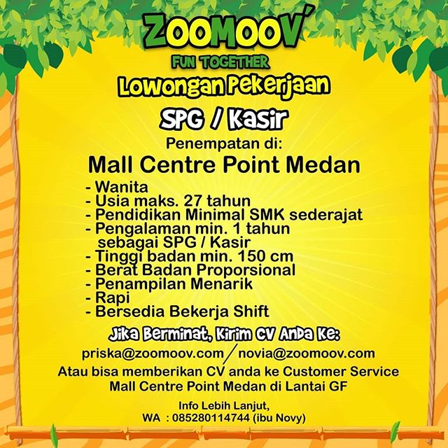Lowongan Kerja SPG / Kasir di ZOOMOOV Mall Centre Point Medan